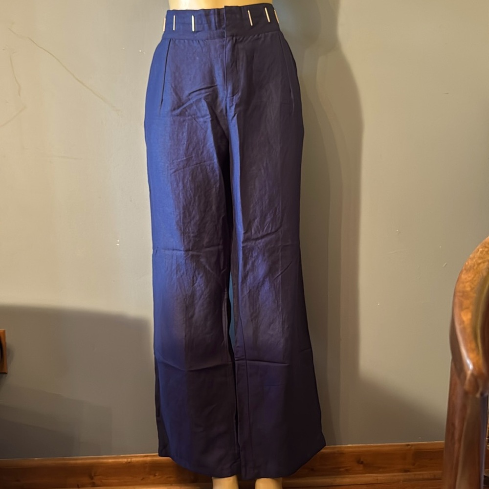 Ashley Stewart Navy Blue Wide Leg Ramie/Rayon Blend Slacks